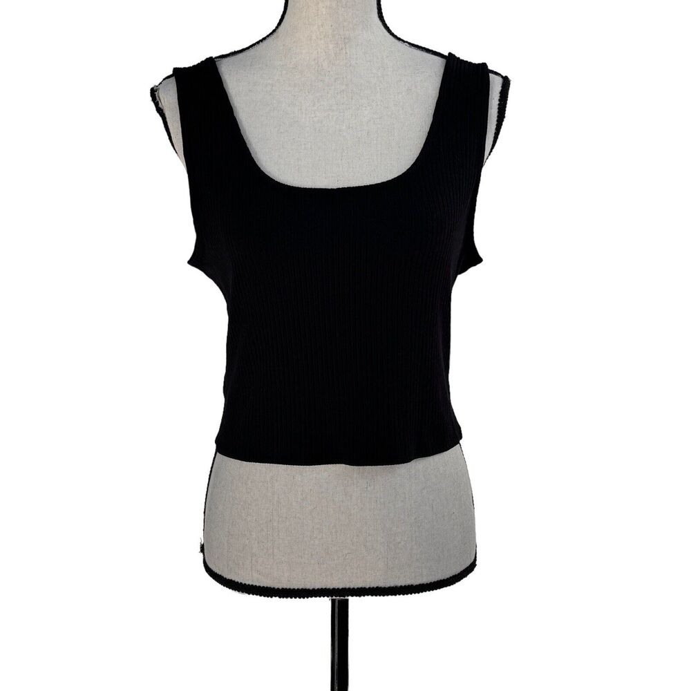 Bar III Medium Cropped Tank Top Wide Straps Stretch Ribbed Scoop Neck Black New